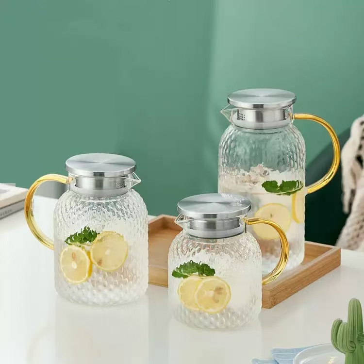 Hammered Glass Pitcher with Stainless Steel Lid and Handle
