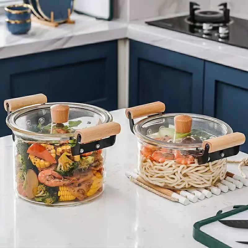 Heat-Resistant Glass Cooking Pot with Wooden Handles